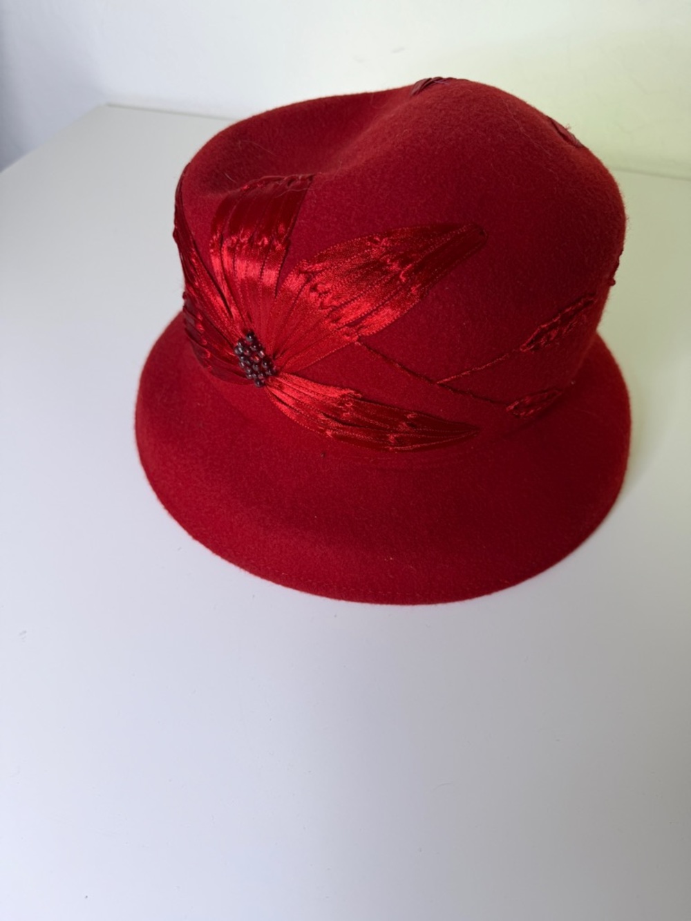 Red Women's Felt Cloche Hat with Satin Floral Accent